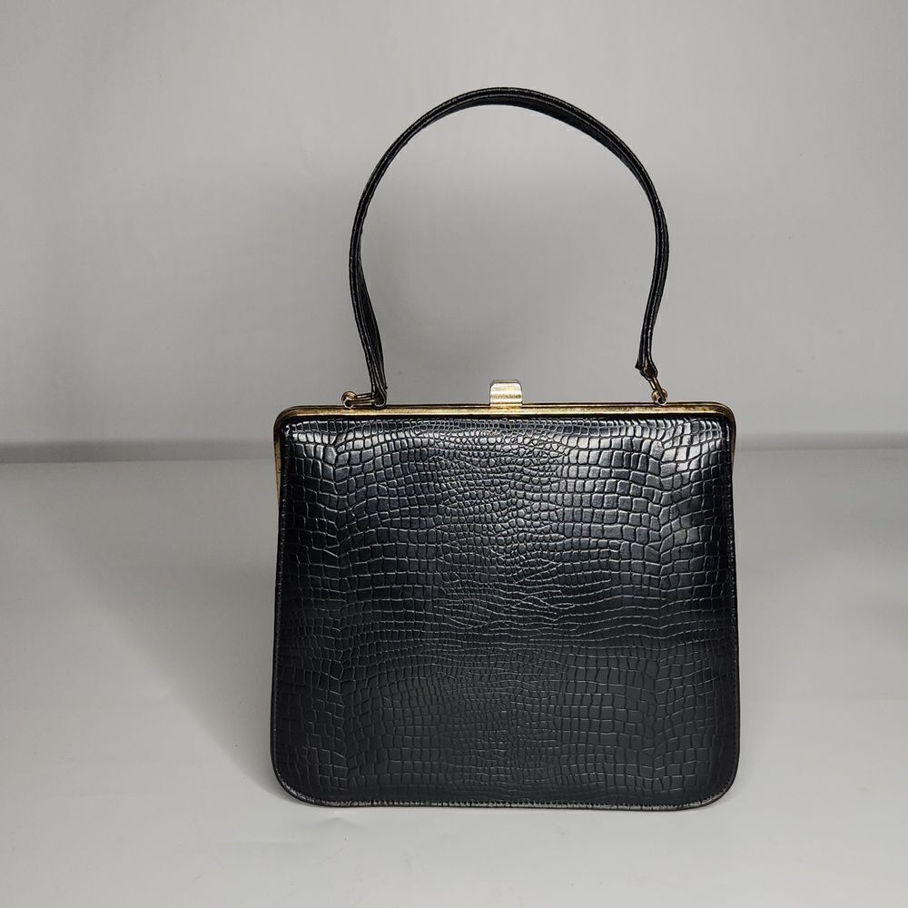 Vintage black vegan crocodile texture tophandle handbag